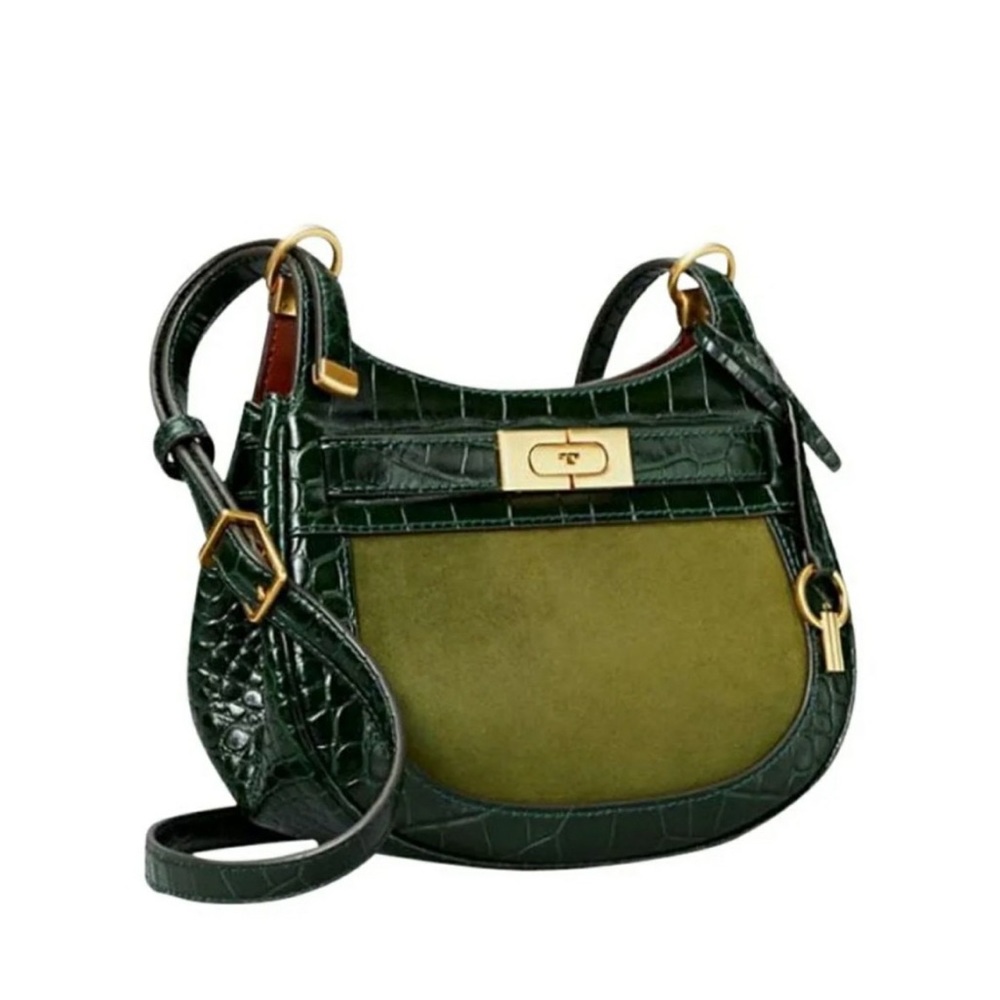 NWT Tory Burch Lee Radziwill crocodile embossed leather and suede saddle bag